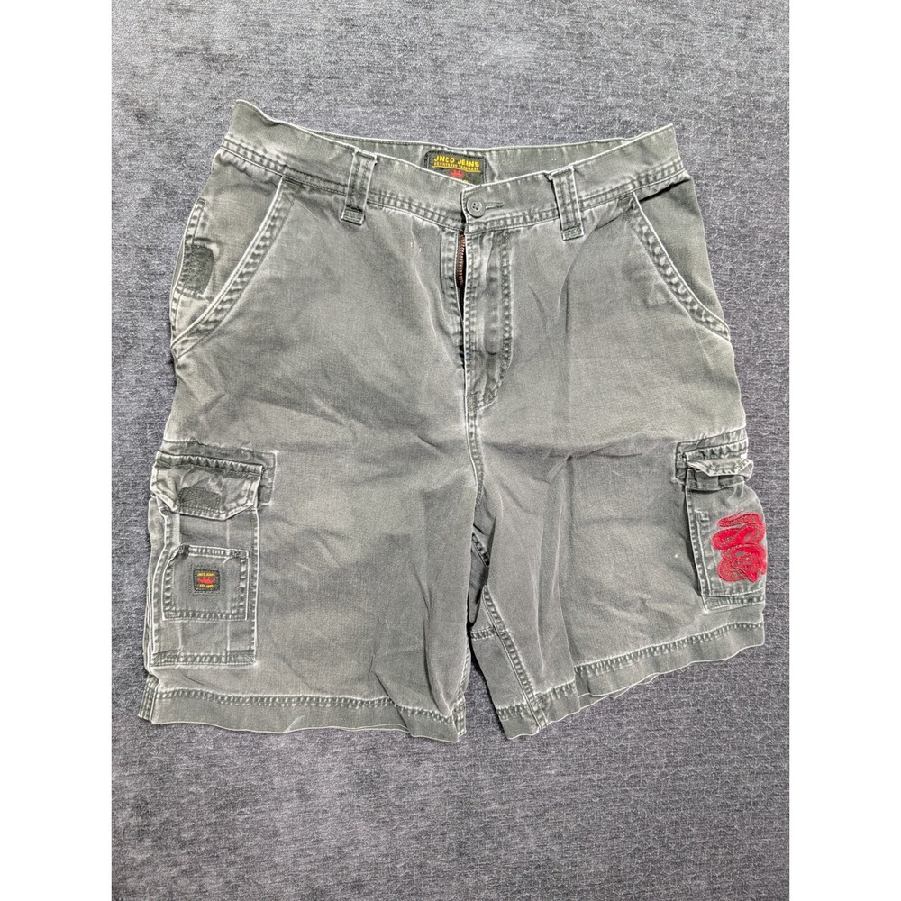 JNCO Jeans Mens Vintage Cargo Shorts Olive Green Red Snake Embroidery Baggy 33